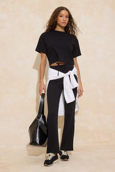 Trendyol Collection Black Relaxed Low Arm Short Sleeve Pipe Leg Cotton Rib Kn...