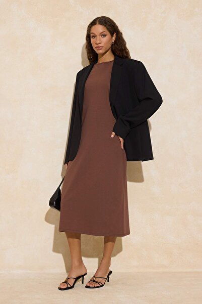 Trendyol Modest Brown Unlined Plain Knitted Single Jersey Hijab Dress Tctss21...