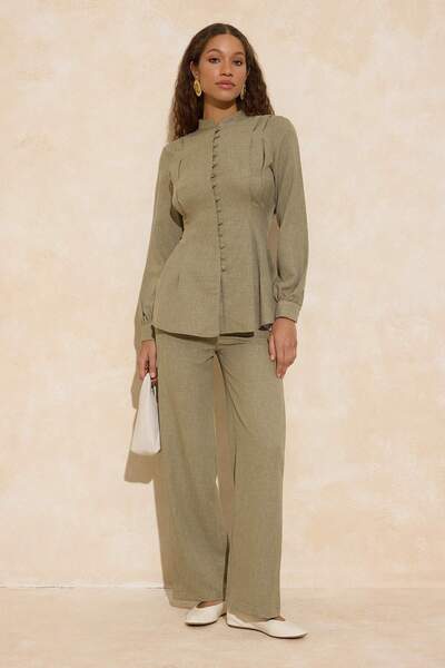 Trendyol Modest Khaki Linen Look Button Detailed Woven Bottom - Top Set Tctss...