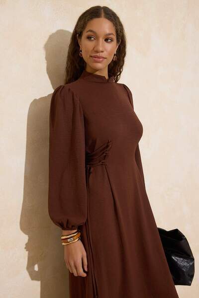 Trendyol Modest Brown Unlined Plain Woven Aerobin Hijab Dress Tctss25Eb00082