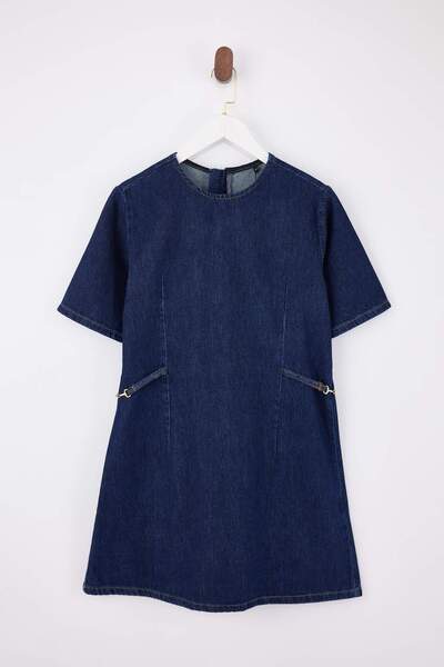 Trendyol Collection Blaues, drapiertes Mini-Jeanskleid aus 100 % Baumwolle mi...