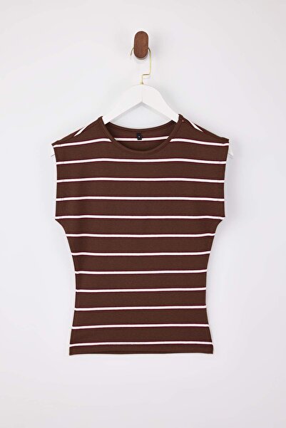 Trendyol Collection Bluză maro cu dungi/ mulat fără mâneci Premium Soft din m...