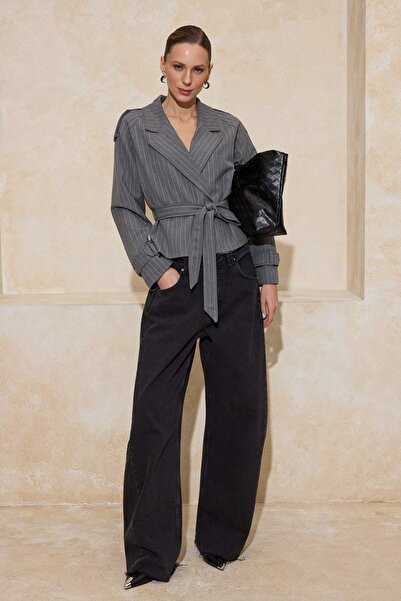 Trendyol Collection Gray Striped Premium Woven Crop Blazer Jacket Twoss24Bc00...