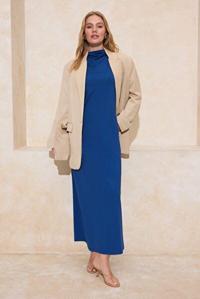 Trendyol Modest Navy Blue Mock Neck Sleeveless Diving/Scuba Knitted Lining Un...