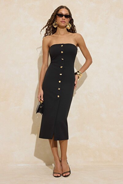 Trendyol Collection Μαύρο υφαντό φόρεμα Finike Maxi χωρίς επένδυση, κομψό/βρα...