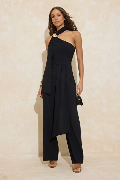 Trendyol Collection Black Accessory Detailed Asymmetrical Collar Woven Jumpsu...