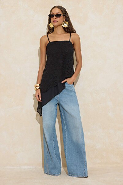 Trendyol Collection Black Asymmetric Cut Lace Party Blouse Tprss26Bz00056