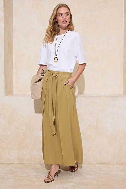 Trendyol Modest Light Khaki Pleated Belt Detailed Woven Skirt Tctss26Ee00003
