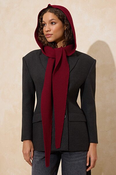 Trendyol Collection Burgundy Hooded Scarf Trend Balaklava Knitwear Twoaw26Br0...