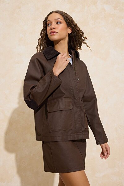 Trendyol Collection Jachetă supradimensionată din denim maro, cu guler din ca...