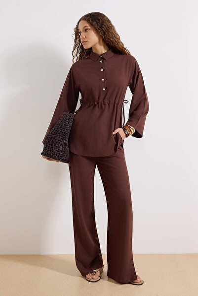 Trendyol Modest Brown Linen Blended Mother-Of-Pearl Button Woven Top and Bott...