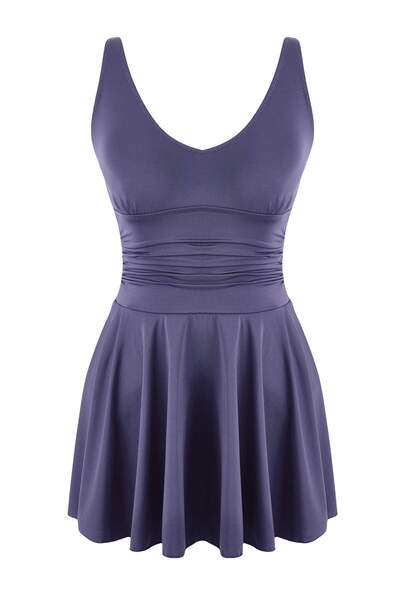 Trendyol Collection Blue Draped V-Neck Skirted Swimsuit Tbess26Ma00002