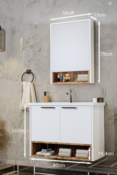 BALNEOM Banyo Karanfil 80 Cm Beyaz Banyo Dolabı Ayna Lavabo