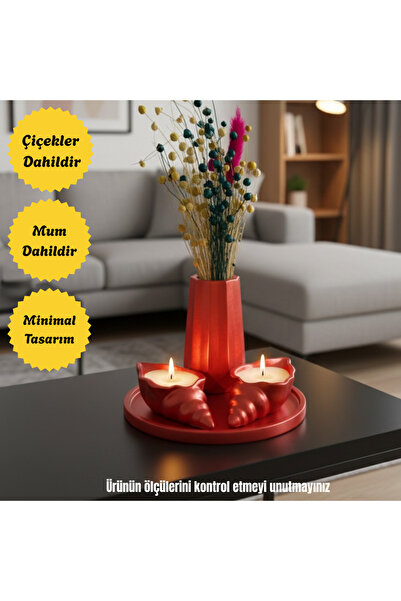 Nigistore 4 Parça Dekoratif Kırmızı Set - Istiridye Mumlu, Vazolu, Tepsili He...