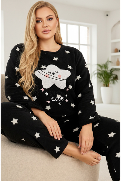 Siyah İnci siyah yıldız desenli Nakışlı Büyük Beden Polar Kışlık Örme Pijama ...