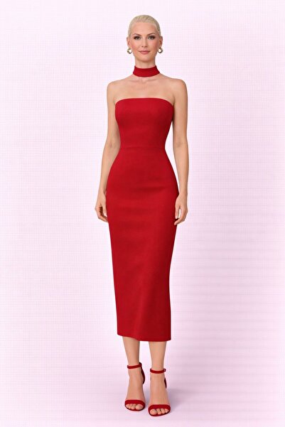 Shop Krutzo Kadın Straplez Askısız Kırmızı Midi Gece Elbisesi