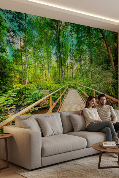 dreamwall 3 Boyutlu, Ahşap Köprü Duvar Kağıdı, Orman Desenli, Yeşil Renkli, Doğa Manzara, Salon Duvar Kağıdı