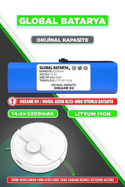 GLOBAL BATARYA Dreame D9 Uyumlu Akıllı Robot Süpürge Bataryası 14.4v 5200mah ...