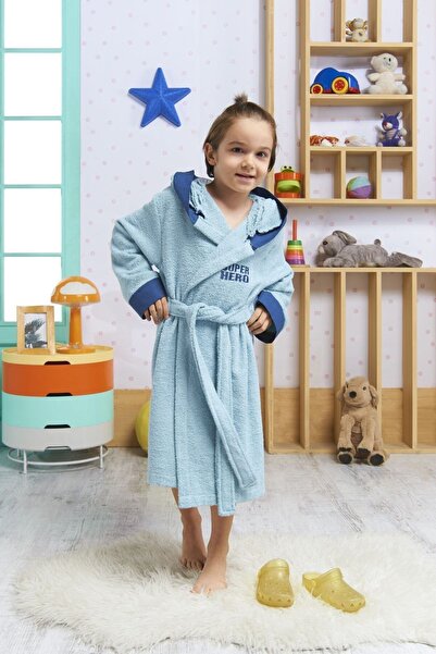 ELY PARKER Kapüşonlu Çocuk Bornoz Pamuklu Erkek Bebek Çocuk Bornozu Süperkahraman Hero Mavi