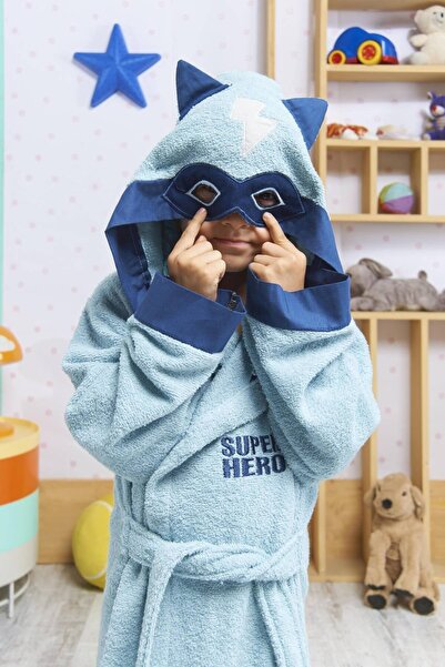 ELY PARKER Kapüşonlu Çocuk Bornoz Pamuklu Erkek Bebek Çocuk Bornozu Süperkahraman Hero Mavi
