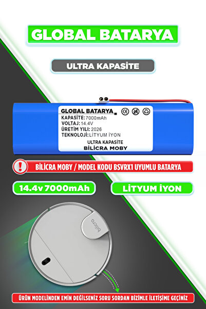 GLOBAL BATARYA Bilicra Moby Uyumlu Akıllı Robot Süpürge Batarya 14.4v 7000mAh...