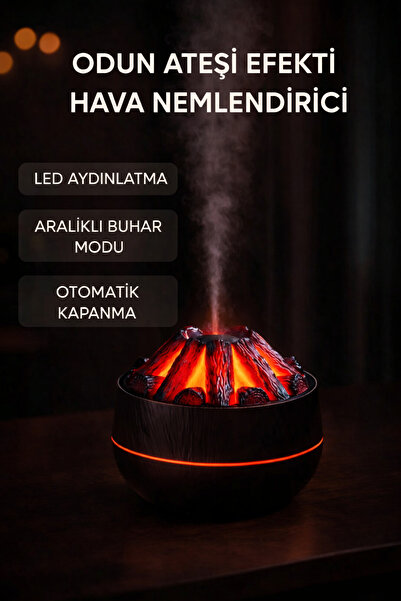 esy teknoloji Koyu Ahşap Görünümlü Odun Ateşi Tasarımlı Difüzör – LED Işıklı,...