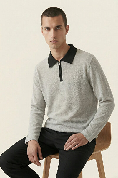 GW Vatra Men's Regular Fit Polo Neck Zippered Textured Jacquard Knit Sweater ...