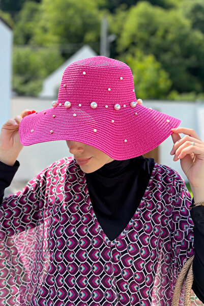 Remsa Mayo قبعة من القش باللؤلؤ الفوشيا - RŞ-62