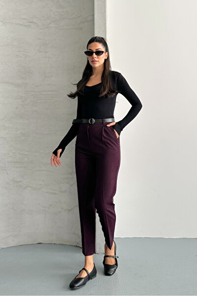 macharel jeans بنطلون نسائي ضيق الساق مع حزام وقماش مطوي بلون البرقوق