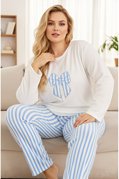 Siyah İnci beyaz mavi çizgili fiyonk Nakışlı Büyük Beden Polar Kışlık Örme Pi...