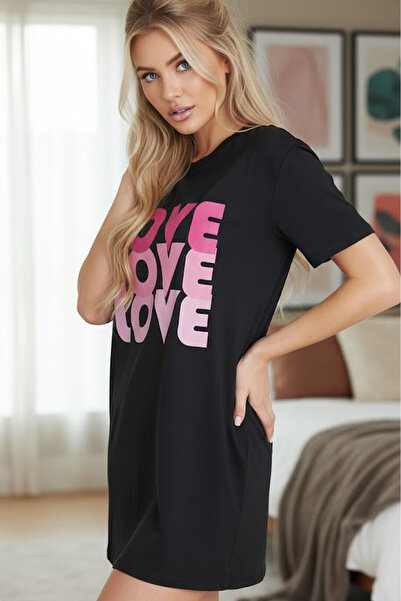 Siyah İnci Μαύρο φόρεμα νυχτικού με στάμπα με λαιμόκοψη 7831