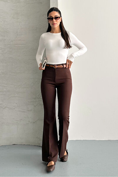 macharel jeans Pantaloni Palazzo maro cu curea talie înaltă evazat pentru femei