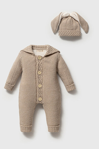 Nipperland Kapüşonlu Motif Örgü Triko Bebek Tulum & Şapka Seti