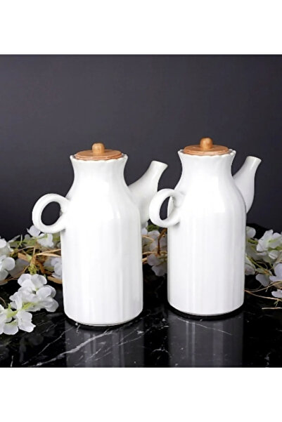 Kitchen Pembelia 2 Adet Bambu Kapaklı Porselen 1000ml Yağdanlık-yağlık