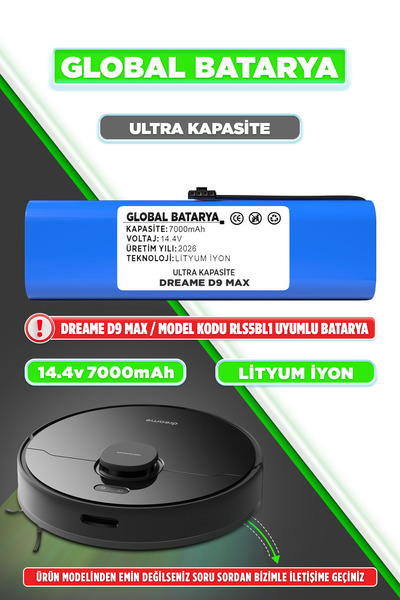 GLOBAL BATARYA Dreame D9 Max Uyumlu Akıllı Robot Süpürge Bataryası 14.4v 7000...