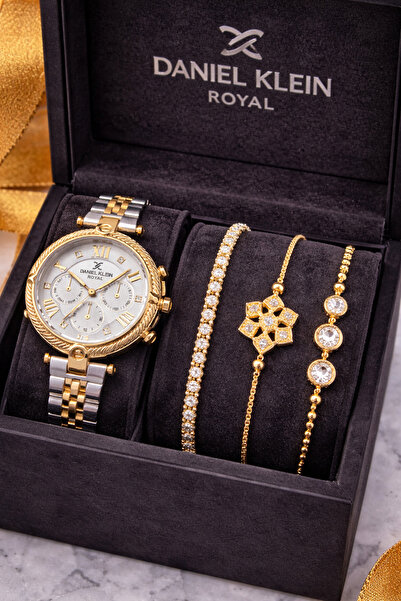 Daniel Klein Marka Sarı Gümüş Renk Orijinal Kadın Kol Saati 3’lü Bileklik Set...