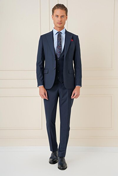 Efor Slim Fit Sivri Yaka Çizgi Dokulu Lacivert Yelekli Takım Elbise TK 904