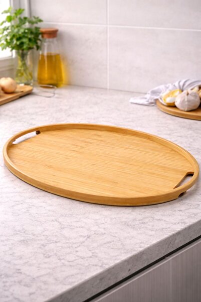 YzHome 1 Adet Büyük Boy Bambu Oval Tepsi Sunum Servis Tepsisi 45*32cm