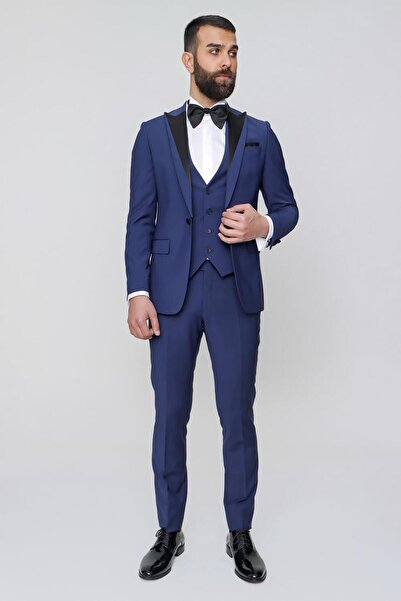 Efor Black 034 Slim Fit Yelekli Çıkarılabilir Saten Yaka Parlement Damatlık S...