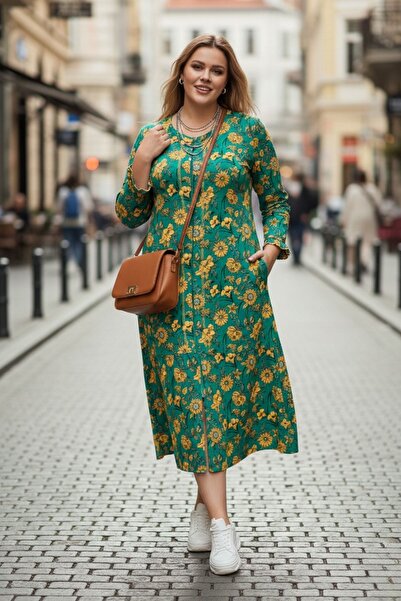 ROMEO LİFE Women's Plus Size Cotton Modal Fabric Zipper Patterned Dress 8040