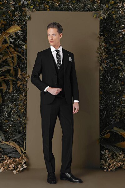 Efor Slim Fit %97 Yün Esnek Siyah Yelekli Takım Elbise TK 881
