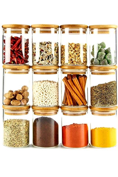 Kitchen Pembelia 12 قطعة 250 مل غطاء من الخيزران طقم جرة توابل مفرغة (