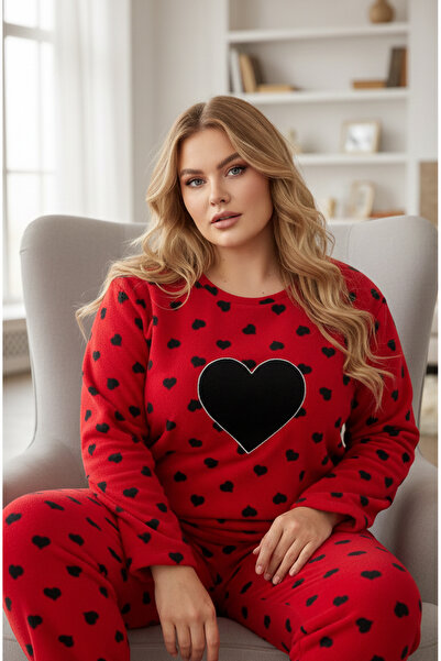 Siyah İnci kırmızı kalp desenli Nakışlı Büyük Beden Polar Kışlık Örme Pijama ...