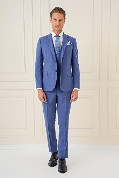 Efor Slim Fit Mono Yaka Yünlü Esnek İndigo Mavi Yelekli Takım Elbise TK 903