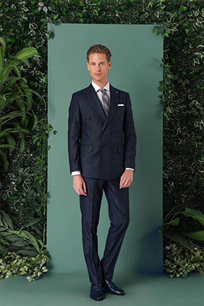 Efor Slim Fit Yağmur Deseni Çizgili Kruvaze Klasik Lacivert Takım Elbise Tk 888