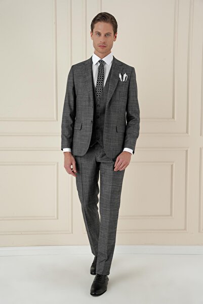 Efor Slim Fit Kırçıllı Dokuma Yünlü Antrasit Yelekli Takım Elbise TK 906