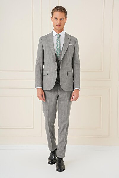 Efor Slim Fit Çift Yırtmaç Kırçıllı Dokuma Haki Yelekli Takım Elbise TK 902