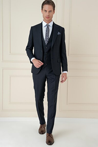 Efor Slim Fit Kırlangıç Yaka Doku Desenli Lacivert Yelekli Takım Elbise TK 911