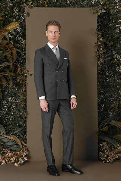 Efor Slim Fit Çift Yırtmaç Çizgili Füme Kruvaze Takım Elbise TK 884