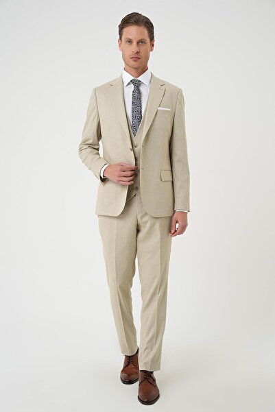 Efor Slim Fit Dokulu Çift Yırtmaç Yelekli Klasik Bej Takım Elbise Tk 898